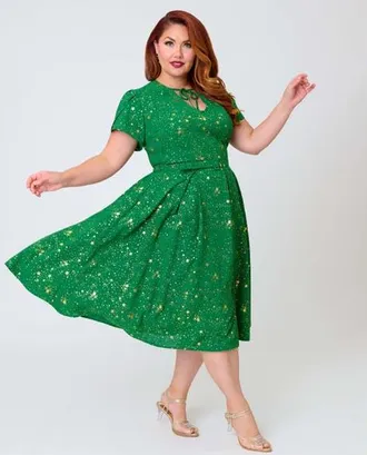 Unique Vintage Plus Size Short Petal Sleeve Tie Neck Dahlia Swing Dress in Green Star Print at Nordstrom, Size 1X