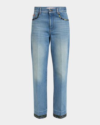 Valentino Garavani Floral-Print Trim Straight-Leg Denim Jeans