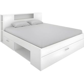 Vente-Unique Letto matrimoniale con testiera portaoggetti e cassetti 160 x 200 cm Bianco - leandre