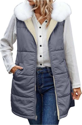 Generic Fleece Lined Gilet For Women Uk Faux Fur Hood Long Puffer Vest Quilted Padded Outdoor Jackets Ladies Sleeveless Lightweight Coat Open Front Cardigan Z