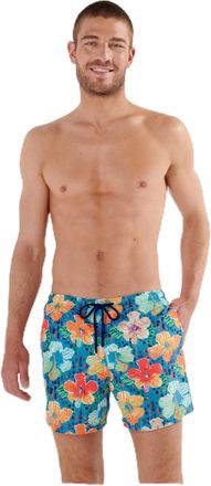 HOM Hom Mens Dino Swim Shorts Board, Floral Print Turquoise Background, M