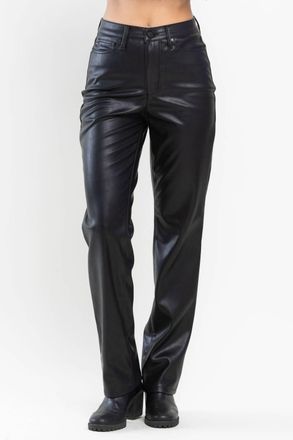 Judy Blue High Waist Tummy Control Top Straight Leg Pants In Faux Leather Black