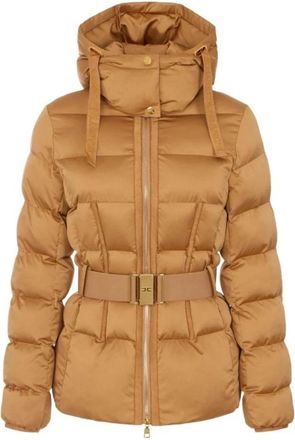 Elisabetta Franchi Geduffelde jas met capuchon en riem - Dames - Gewatteerde jassen - Beige - XS - Leer - Jassen