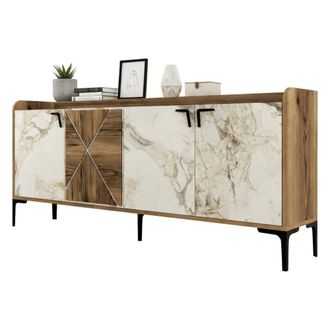 Dmora Consola Deneb, Mesa Multiusos, Gabinete De Soporte, Escritorio De Pasillo, 180x35h78 Cm, Nogal Y M&aacute;rmol Blanco, Con Embalaje Reforzado - Dmora