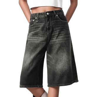 Generic 3/4 Jeans Womens Baggy Denim Trousers Summer Y2k Hip Hop Jorts Wide Leg Vintage Destroyed Short Jeans Leisure Three-Quarter Trousers Teenagers (Black,