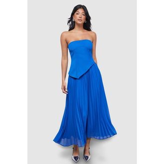 Warehouse Bandeau Bodice Pleated Midi Dress in Cobalt at Nordstrom, Size 8
