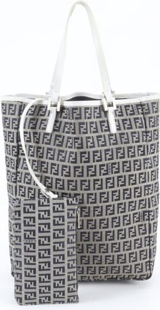 Fendi Gray Navy White Leather Canvas Shoulder Bag Tote Bag (Pre-Owned)