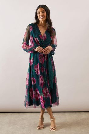 Wallis Womens Floral Spot Mesh Satin Tie Midi Dress - Teal - Size 8 UK