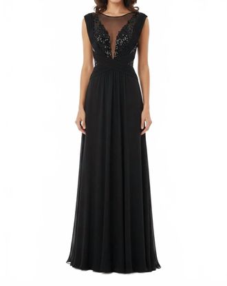 Clips Sheer Illusion V-Neckline Evening Dress In Black