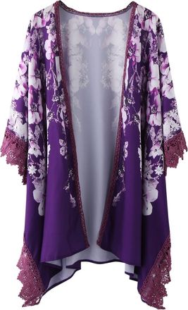 Generic Womens Floral Print Puff Sleeve Kimono Cardigan Loose Cover Up Casual Blouse Tops Mesh Shirt, purple, XXXL