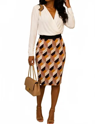 Rinascimento Geometric Print Pencil Skirt In Camel Multi