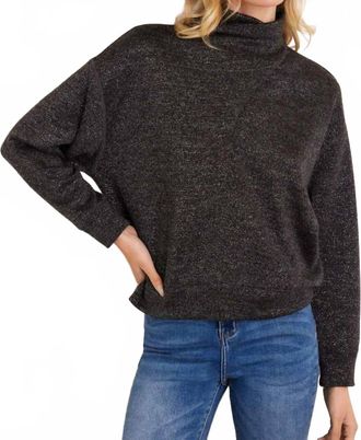 Karen Kane Long Sleeve Faux Wrap Turtleneck Top In Black With Silver