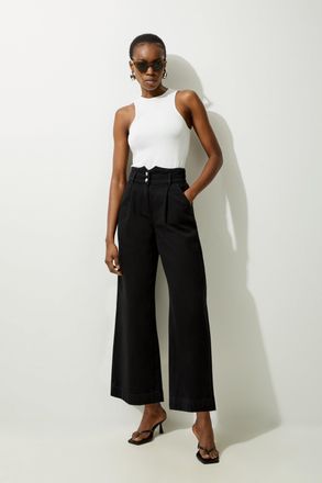 Karen Millen Womens Petite Denim Wide Leg Trousers - Black Cotton - Size 16 UK