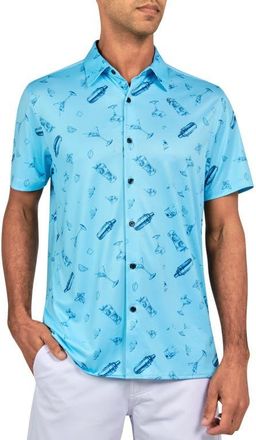 ConStruct Regular Fit Cocktail Print Recycled Performance Golf Button-Down Shirt in Aqua at Nordstrom, Size Xx-Large