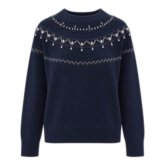Liu Jo Maglia Girocollo Ricami con Perline e Castoni Gioiello - - Knitwear - Donna - Blu - S