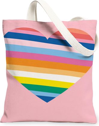 Generic Heart Pattern Peach Canvas Tote Bags, Colorful Stripes Design Reusable Grocery Bags, Summer Lightweight Washable Shoulder S, Peach, 13x15 Inch
