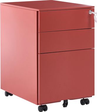 Beliani Armario De Metal Rojo 3 Cajones Ruedas Cerradura Industrial Oficina Cami