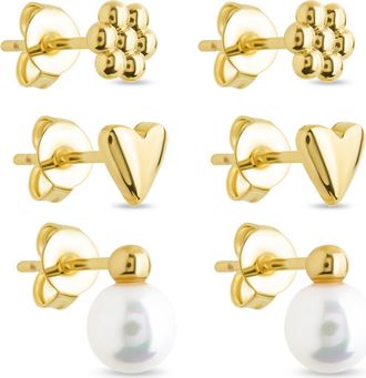 Sterling Forever Irene Faux Pearl Set of 3 Assorted Stud Earrings in Gold at Nordstrom Rack