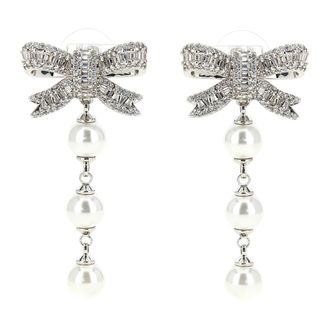 Self Portrait Crystal Bow Pearl Droplet Earrings - Dames - Oorbellen - Grijs - ONE Size - Accessoires
