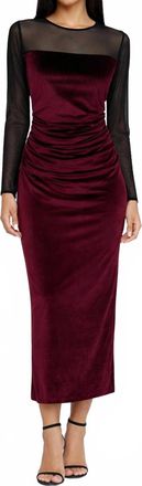 Amanda Uprichard Velvet Mesh Midi Dress Ruched Long Sleeve Dress In Burgundy