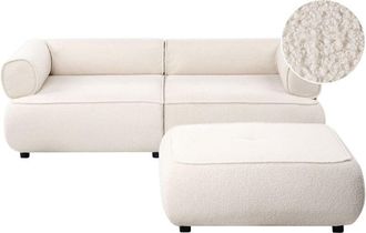 Beliani 3 Seater Sofa with Ottoman Off-White Boucle Rolled Armrests Quality Upholstery Couch Tufted Seat with Footstool Mid-Century Modern Style Living Room