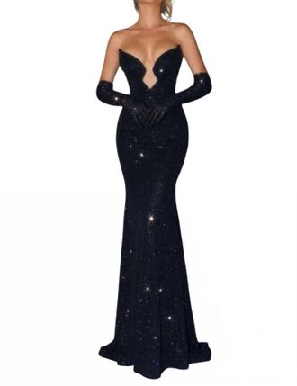 Portia & Scarlett Strapless Delicate Mesh Column Gown In Black