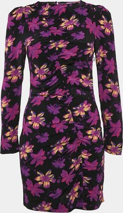Maje Black Floral Ruched Long Sleeve Mini Dress