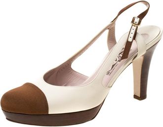 Ferragamo White Leather And Brown Canvas Slingback Platform Sandals