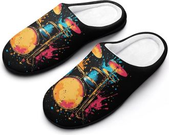 Generic Colorful Drum Set Mens House Slippers Memory Foam Washable Cotton Slip on Home Shoes
