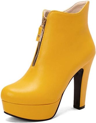 Generic Womens Platform Round Toe Chunky Heel Ankle Boots with Front Zipper Fashion Versatile Winter Chelsea Shoes (7.5,Yellow)
