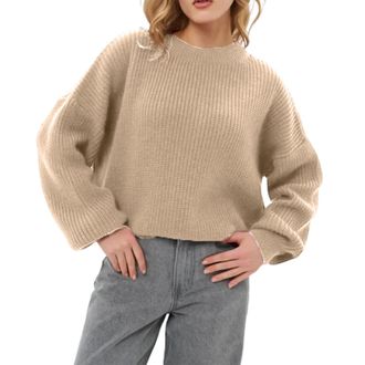 Generic Womens Cosy Cropped Knitted Jumper Soft Loose Fit Long Sleeve Crew Neck Pullover Ladies Cashmere Jumpers Oversized Casual Chunky Sweater Solid Colour 
