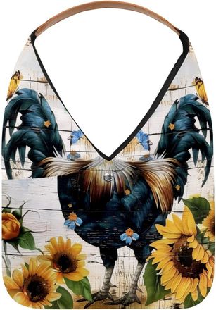 Generic Rooster Butterfly Sunflower Wooden Board Reusable Lightweight Grocery Bags - Foldable Into Compact Pouch, Washable & Sturdy, Multipurpose for Shopping