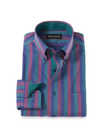 Paul Fredrick Comfort Stretch Non-iron Stripe Dress Shirt With Contrast Trim