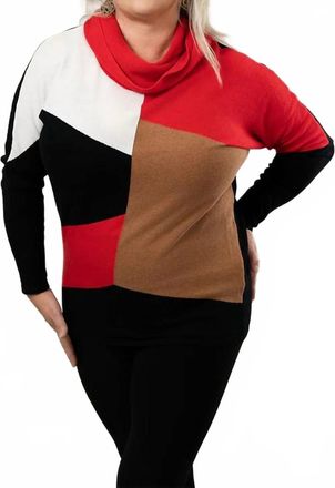 Marble Scotland Cowl Neck Color Block Sweater In Red Black Camel