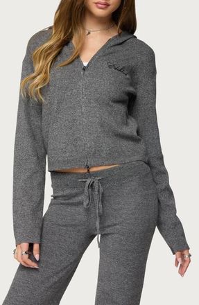 Edikted Ayah Knit Zip Crop Hoodie in Dark-Gray-Melange at Nordstrom, Size X-Small
