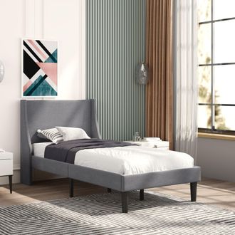 Aka Single Bed Soft Linen 3FT Upholstered Bed with Winged Headboard Wood Slat Support in Grey