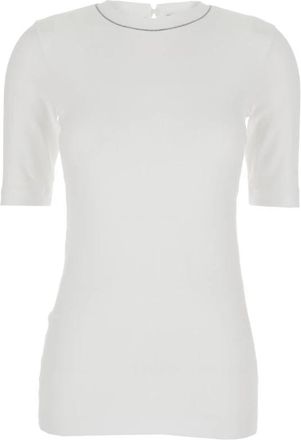 Brunello Cucinelli Geribbelde T-shirt met 3/4 mouwen - Dames - Ronde hals truien - Wit - S - Katoen - Truien & Vesten
