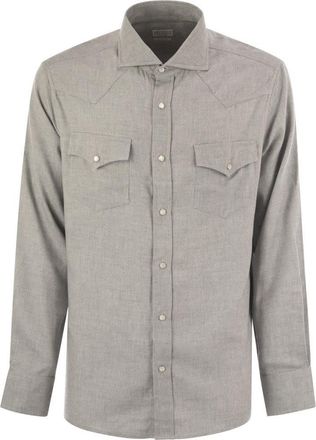 Brunello Cucinelli Rekbare Katoenen Chevron Flanellen Eenvoudige Pasvorm Shirt Met Drukknopen, Epauletten En Zakken