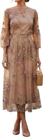 Bigio Collection Sheer Floral Embroidered Midi Dress In Tan