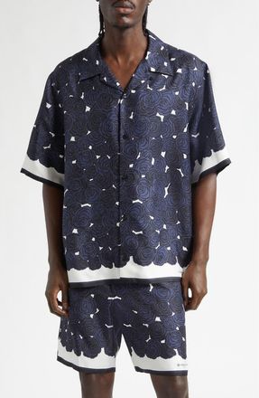 Givenchy Rose Print Silk Twill Camp Shirt in Dark Navy at Nordstrom, Size 39