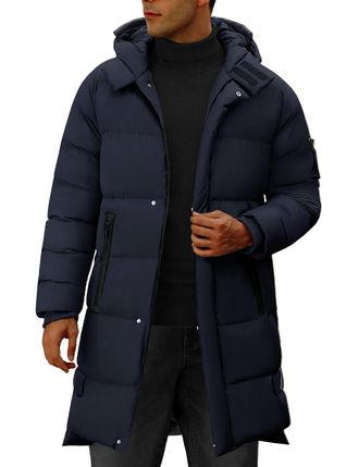 Heekpek Mens Hood Puffy Quilted Jacket Winter Warm Long Puffer Coat Windproof Full Zip Thicken Outerwear with 4 Pockets, Navy Blue, M