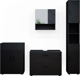 Vicco Conjunto De Muebles De Ba&ntilde;o Irma, Antracita Alto Brillo, 4 Piezas, Con Cajonera Y Mueble Alto