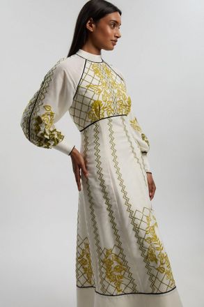 Karen Millen Womens Petite Voile Embroidered Cutwork Balloon Sleeve Woven Maxi Dress - White - Size 12 UK