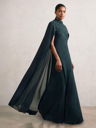 Reiss Womens Dark Green Crepe Cape Maxi Dress, Size: 14
