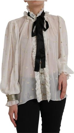 Dolce & Gabbana Off White Zijde Blend Ascot Kraag Blouse Top - Dames - Blouses - Wit - M - Polyester - Overhemden