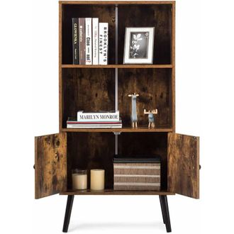 Costway Libreria in Stile retro, Scaffale Portaoggetti a 2 Ripiani con Armadio, Decorazione in Salotto, Studio, Ufficio, Marrone Vintage, 60 x 30 x 120 cm