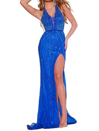 Jovani Beaded Halter Low Back Gown In Royal