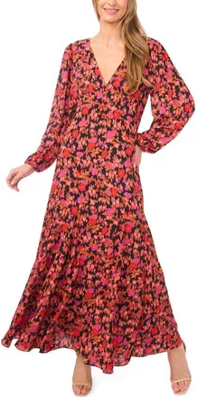 CeCe by Cynthia Steffe Floral Open Back Long Sleeve Maxi Dress in Rich Black at Nordstrom, Size X-Large