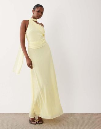 Tfnc Vestito lungo monospalla in chiffon color limone con scollo a sciarpa-Giallo