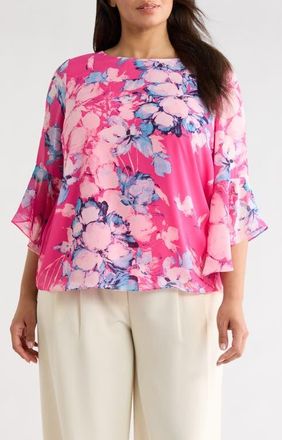 Kasper Printed Ruffle Sleeve Top in Pink Perfection Multi at Nordstrom, Size 1 X